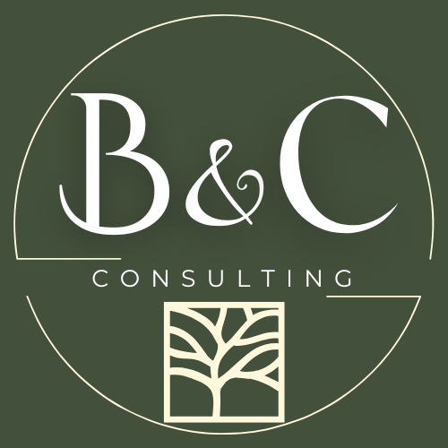 B&C Consulting main logo of the initials inside a thin circle with a small square tree outline icon beneath them